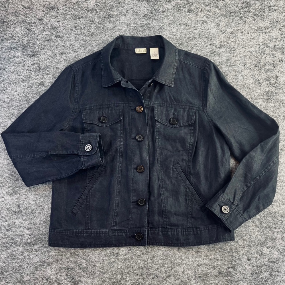 Linden Hill 100% Linen Trucker Jacket Womens S Black Button Up Utility Lagenlook